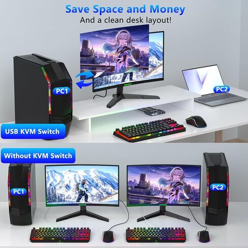 KVM Switch 2 مراقب 2 أجهزة كمبيوتر ، 8K@60Hz KVM Switch Display HDMI ، 4K@120Hz ، مفاتيح KVM لجهاز الكمبيوتر 2 شاشة ، 4 أجهزة USB 3.0 مثل لوحة المفاتيح ، الماوس ، الطابعة ، الماسحة الضوئية in Kuwait