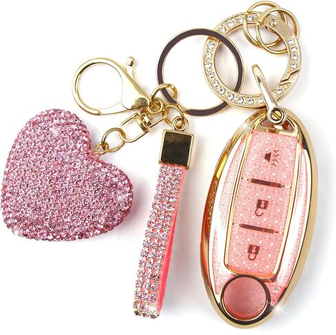 Key Fob Cover with Diamond Keychain, Car Key Holder Compatible with Nissan Altima Rogue Sentra Pathfinder Frontier Maxima Titan Murano Kicks Juke Versa Armada GTR 3 Buttons, (Pink-Heart) in Saudi Arabia