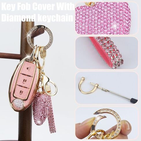 Key Fob Cover with Diamond Keychain, Car Key Holder Compatible with Nissan Altima Rogue Sentra Pathfinder Frontier Maxima Titan Murano Kicks Juke Versa Armada GTR 3 Buttons, (Pink-Heart) in Saudi Arabia