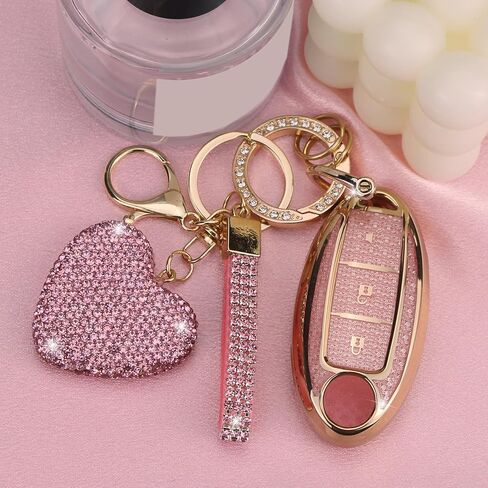 Key Fob Cover with Diamond Keychain, Car Key Holder Compatible with Nissan Altima Rogue Sentra Pathfinder Frontier Maxima Titan Murano Kicks Juke Versa Armada GTR 3 Buttons, (Pink-Heart) in Saudi Arabia