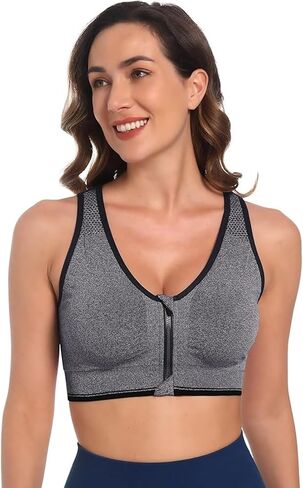 Zip Front Sports Bra for Women,Seamless Wirefree Racerback Workout Bra,Padded Comfort Gym Yoga Bras in Saudi Arabia