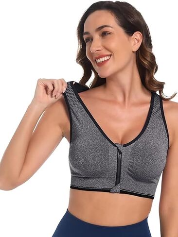 Zip Front Sports Bra for Women,Seamless Wirefree Racerback Workout Bra,Padded Comfort Gym Yoga Bras in Saudi Arabia