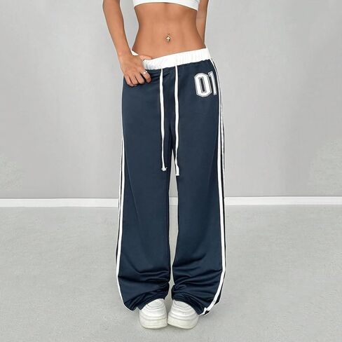 Women's Number Print Waist Splice Casual Sports Street Retro Style Loose Sweatpants Y2K Elastic Waist Pants Trousers in Saudi Arabia
