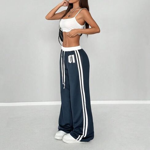 Women's Number Print Waist Splice Casual Sports Street Retro Style Loose Sweatpants Y2K Elastic Waist Pants Trousers in Saudi Arabia