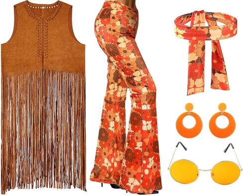 SATINIOR 5 Pcs 60s 70s Outfits for Women Hippie Disco Costume Halloween Tassel Vest Headband Flared Pants Earring Sunglass in Saudi Arabia