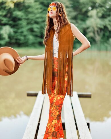 SATINIOR 5 Pcs 60s 70s Outfits for Women Hippie Disco Costume Halloween Tassel Vest Headband Flared Pants Earring Sunglass in Saudi Arabia