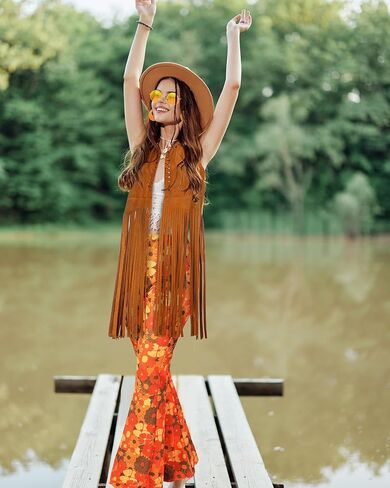 SATINIOR 5 Pcs 60s 70s Outfits for Women Hippie Disco Costume Halloween Tassel Vest Headband Flared Pants Earring Sunglass in Saudi Arabia