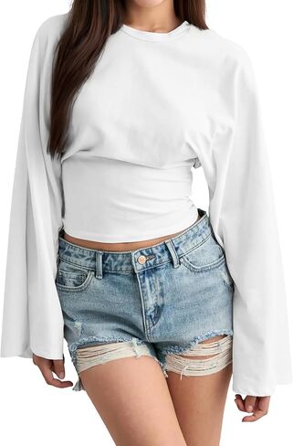 Women's Fall Sexy Solid Color Tie-Front Cropped T-Shirt Top - Casual Stretch Short Sleeve Crewneck Tee in Saudi Arabia
