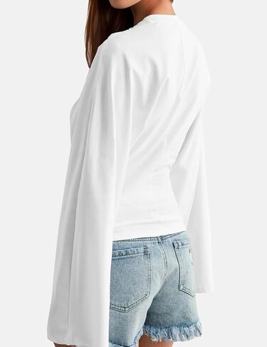 Women's Fall Sexy Solid Color Tie-Front Cropped T-Shirt Top - Casual Stretch Short Sleeve Crewneck Tee in Saudi Arabia