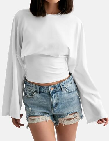Women's Fall Sexy Solid Color Tie-Front Cropped T-Shirt Top - Casual Stretch Short Sleeve Crewneck Tee in Saudi Arabia