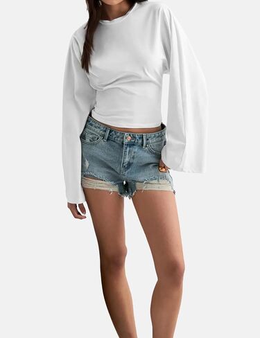 Women's Fall Sexy Solid Color Tie-Front Cropped T-Shirt Top - Casual Stretch Short Sleeve Crewneck Tee in Saudi Arabia