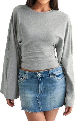 Women's Fall Sexy Solid Color Tie-Front Cropped T-Shirt Top - Casual Stretch Short Sleeve Crewneck Tee in Saudi Arabia