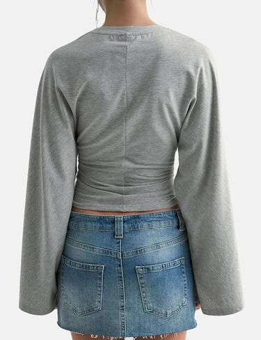 Women's Fall Sexy Solid Color Tie-Front Cropped T-Shirt Top - Casual Stretch Short Sleeve Crewneck Tee in Saudi Arabia