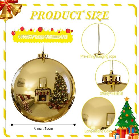 Zubebe 4 Pcs Extra Large Christmas Ball Ornaments 6'' (150 Mm) Giant Oversized Plastic Xmas Ball Big Hanging Christmas Tree Ornaments for Holiday Party Outdoor Decor(Gold) in Saudi Arabia