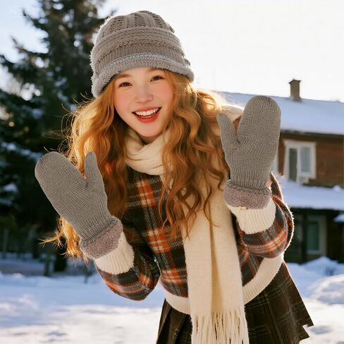 hoyuwak Women's White Mittens Warm Winter Mittens White Knit Gloves Thick Fuzzy Mittens for Cold Weather Outdoor Play Home in Saudi Arabia