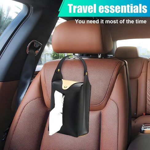حامل مناديل السيارة، غطاء صندوق مناديل معلق لمسند رأس السيارة الكبير، حامل مناديل السيارات من جلد البولي يوريثان، منظم ورق المقعد الخلفي للسيارة الواقي من الشمس (أسود) in Kuwait