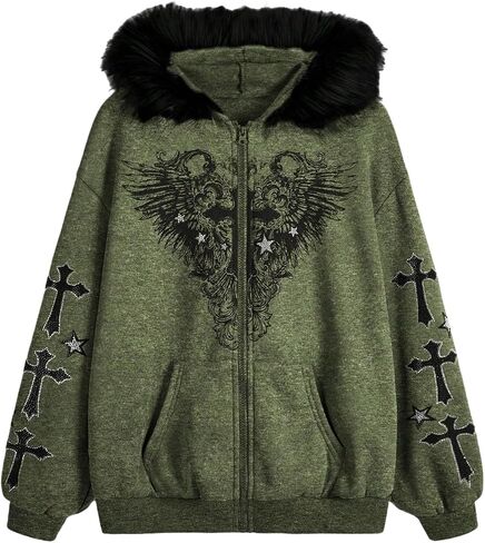 Verdusa Women's Y2k Faux Fur Graphic Zip Up Hoodie Sweatshirt Goth Grunge Fleece Jacket with Pockets in Saudi Arabia