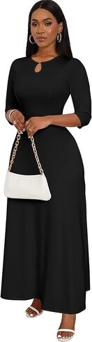 FANDEE Women's Maxi Dress Casual Boho Plain Long Dresses 3/4 Sleeve with Pockets in Kuwait