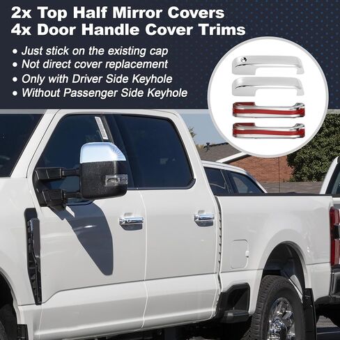 Motoforti 2x Top Half Mirror Cover Caps and 4x Door Handle Cover Trims, Left & Right Chrome Plated Upper Mirror Cap for Ford F-250/F-350/F-450/F-550 Super Duty 2017-2022, W/O Smart Keyhole in Saudi Arabia