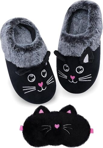 Girls Cute Black Cat Slippers, Fuzzy Slip-on House Shoes Warm Fluffy Plush Indoor Home Slippers (Little Kid/Big Kid) in Kuwait