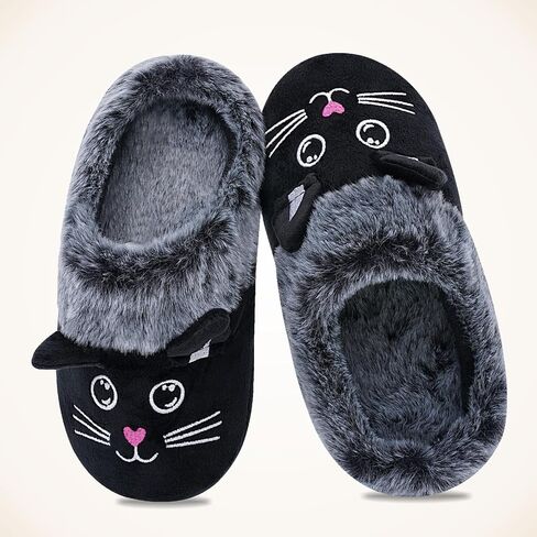 Girls Cute Black Cat Slippers, Fuzzy Slip-on House Shoes Warm Fluffy Plush Indoor Home Slippers (Little Kid/Big Kid) in Kuwait