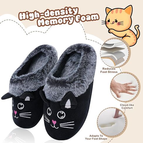 Girls Cute Black Cat Slippers, Fuzzy Slip-on House Shoes Warm Fluffy Plush Indoor Home Slippers (Little Kid/Big Kid) in Kuwait