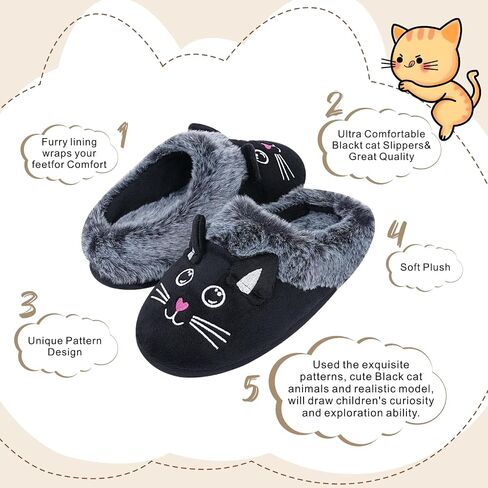 Girls Cute Black Cat Slippers, Fuzzy Slip-on House Shoes Warm Fluffy Plush Indoor Home Slippers (Little Kid/Big Kid) in Kuwait