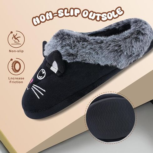 Girls Cute Black Cat Slippers, Fuzzy Slip-on House Shoes Warm Fluffy Plush Indoor Home Slippers (Little Kid/Big Kid) in Kuwait
