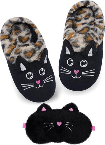 Girls Cute Black Cat Slippers, Fuzzy Slip-on House Shoes Warm Fluffy Plush Indoor Home Slippers (Little Kid/Big Kid) in Kuwait