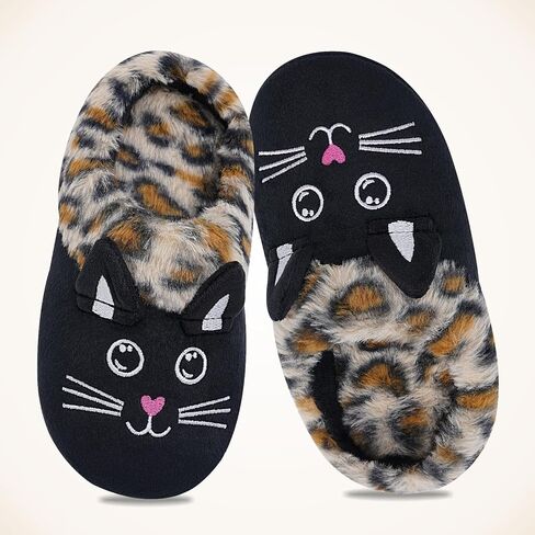 Girls Cute Black Cat Slippers, Fuzzy Slip-on House Shoes Warm Fluffy Plush Indoor Home Slippers (Little Kid/Big Kid) in Kuwait