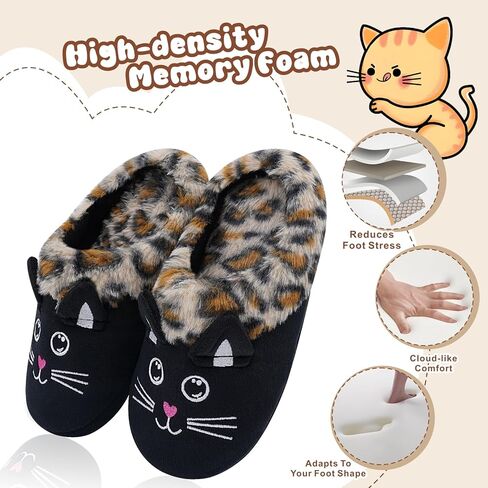 Girls Cute Black Cat Slippers, Fuzzy Slip-on House Shoes Warm Fluffy Plush Indoor Home Slippers (Little Kid/Big Kid) in Kuwait