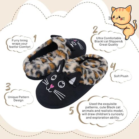 Girls Cute Black Cat Slippers, Fuzzy Slip-on House Shoes Warm Fluffy Plush Indoor Home Slippers (Little Kid/Big Kid) in Kuwait