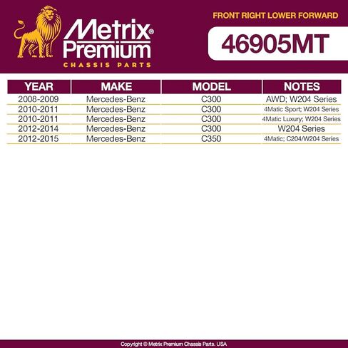 Metrix Premium Chassis Parts - Front Right Lower Forward Control Arm w Ball Joint & Bushing Assembly Fits 2008-2014 Mercedes-Benz C300, 12-15 C350, Replacement TC3472, Made in Europe in Saudi Arabia