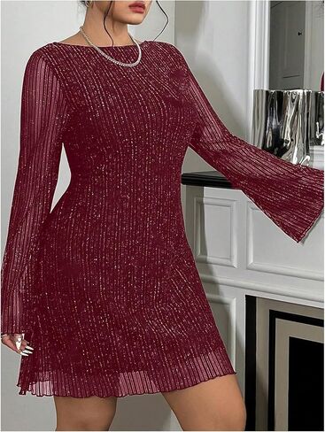 Floerns Women's Plus Size Sequin Backless Bell Sleeve Mesh Party Bodycon Mini Dress in Kuwait