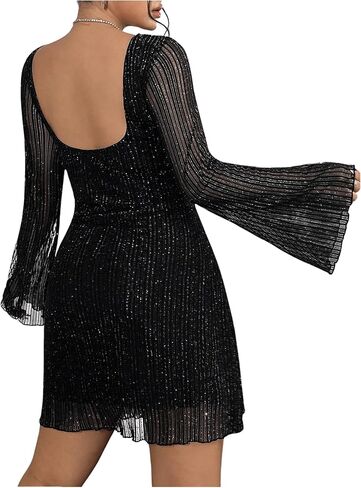 Floerns Women's Plus Size Sequin Backless Bell Sleeve Mesh Party Bodycon Mini Dress in Kuwait