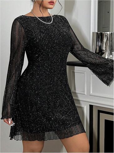 Floerns Women's Plus Size Sequin Backless Bell Sleeve Mesh Party Bodycon Mini Dress in Kuwait