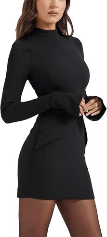 Women's Long Sleeve Mock Turtle Neck Bodycon Mini Tank Short Party Cocktail Dresses in Saudi Arabia