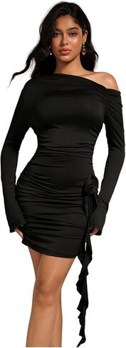Floerns Women's Asymmetrical Neck Long Sleeve Ruched Flower Irregular Ruffle Hem Bodycon Mini Dress in Saudi Arabia