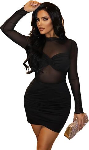 Floerns Women's Long Sleeve Mock Neck Party Dress Sheer Mesh Bodycon Mini Dresses in Saudi Arabia