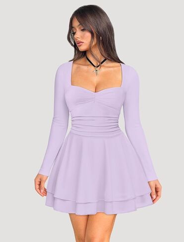فستان IWD للسيدات موضة 2025 بأكمام طويلة ورقبة مربعة مكشكشة، فستان مشد خصر مكشكش، فستان قصير للحفلات والنوادي، أرجواني فاتح X-Large in Kuwait