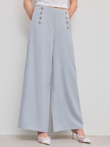 CIDER بنطال ذو أرجل واسعة سروال نسائي بأزرار وجيب متوسط ​​الخصر وبنطلون صلب طويل بانت ملابس مكتبية غير رسمية للعمل in Kuwait