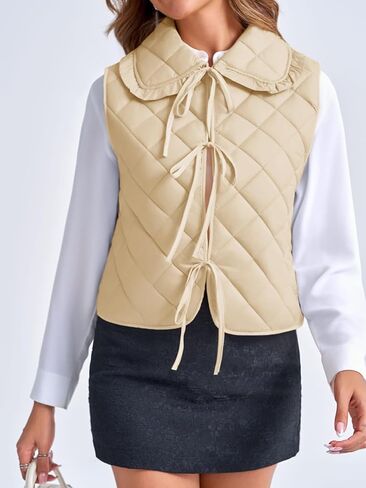 Tankaneo Womens Quilted Puffer Vest Tie Front Lightweight Sleeveless Outerwear Padded Gilet Jacket in Kuwait