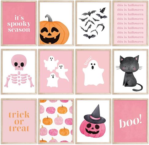 JarThenaAMCS 12Pcs Halloween Wall Art Prints Pink Cute Boho Boo Ghost Pumpkin Bat Black Cat Art Poster Spooky Wall Decor for Autumn Gallery Living Room Bedroom Decor (UNFRAMED) in Saudi Arabia