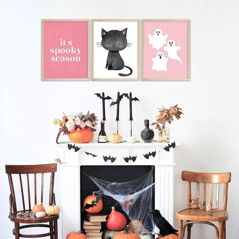 JarThenaAMCS 12Pcs Halloween Wall Art Prints Pink Cute Boho Boo Ghost Pumpkin Bat Black Cat Art Poster Spooky Wall Decor for Autumn Gallery Living Room Bedroom Decor (UNFRAMED) in Saudi Arabia