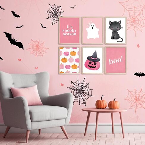 JarThenaAMCS 12Pcs Halloween Wall Art Prints Pink Cute Boho Boo Ghost Pumpkin Bat Black Cat Art Poster Spooky Wall Decor for Autumn Gallery Living Room Bedroom Decor (UNFRAMED) in Saudi Arabia