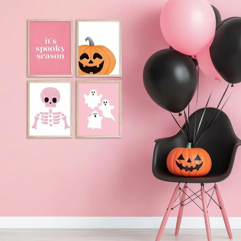 JarThenaAMCS 12Pcs Halloween Wall Art Prints Pink Cute Boho Boo Ghost Pumpkin Bat Black Cat Art Poster Spooky Wall Decor for Autumn Gallery Living Room Bedroom Decor (UNFRAMED) in Saudi Arabia