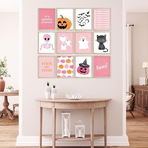 JarThenaAMCS 12Pcs Halloween Wall Art Prints Pink Cute Boho Boo Ghost Pumpkin Bat Black Cat Art Poster Spooky Wall Decor for Autumn Gallery Living Room Bedroom Decor (UNFRAMED) in Saudi Arabia