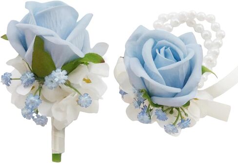 مجموعة صدار MAFELOE Boutonniere، ملحقات الزهور الاصطناعية لحفلات الزفاف وحفلات العودة للوطن والاحتفالات - قطعتان أزرق فاتح + أبيض in Kuwait