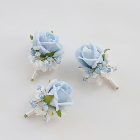 مجموعة صدار MAFELOE Boutonniere، ملحقات الزهور الاصطناعية لحفلات الزفاف وحفلات العودة للوطن والاحتفالات - قطعتان أزرق فاتح + أبيض in Kuwait
