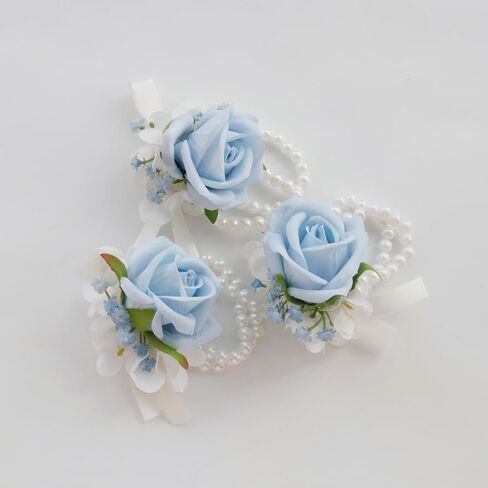 مجموعة صدار MAFELOE Boutonniere، ملحقات الزهور الاصطناعية لحفلات الزفاف وحفلات العودة للوطن والاحتفالات - قطعتان أزرق فاتح + أبيض in Kuwait